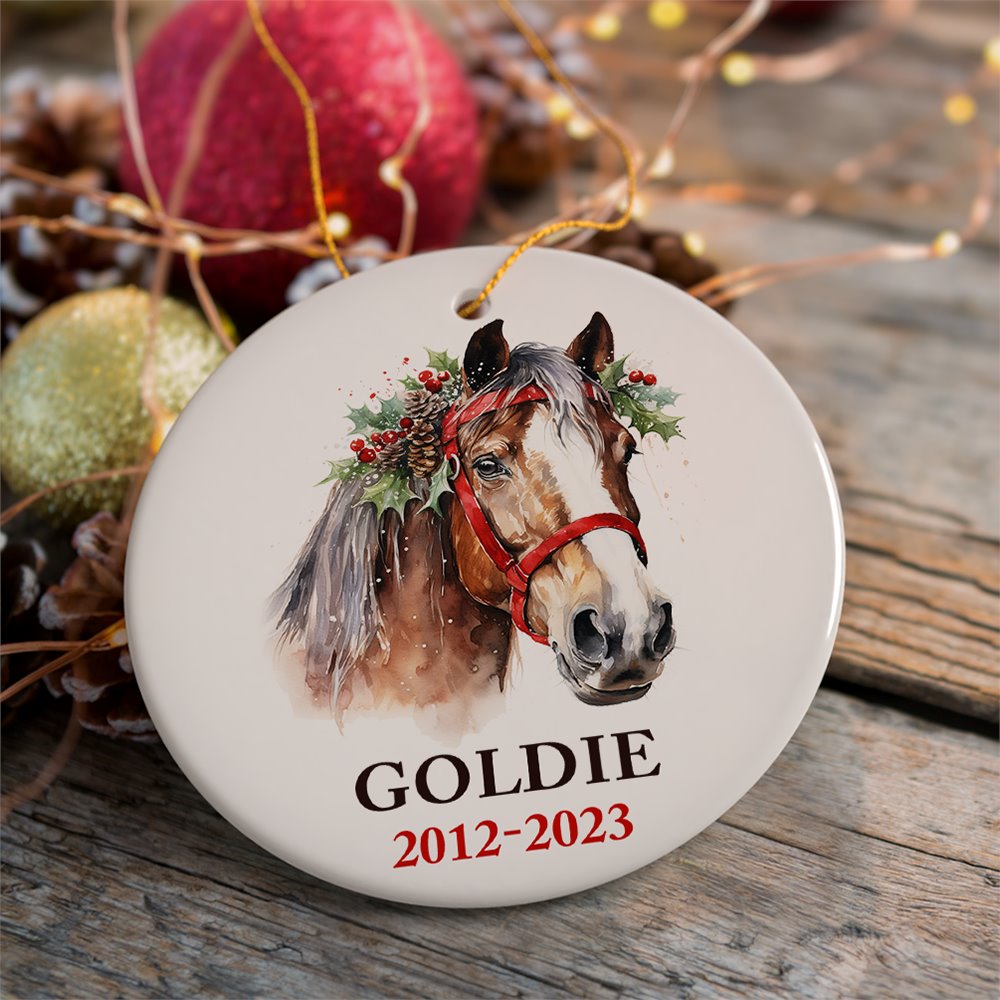 Brown Horse Personalized Ornament, Watercolor Artistic Christmas Gift With Custom Name and Date Ceramic Ornament OrnamentallyYou Circle 