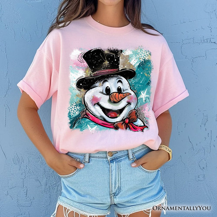 Brushstroke Cute Snowman T-Shirt, Preppy Merry Christmas Glitter Holiday Tee T-Shirts OrnamentallyYou 