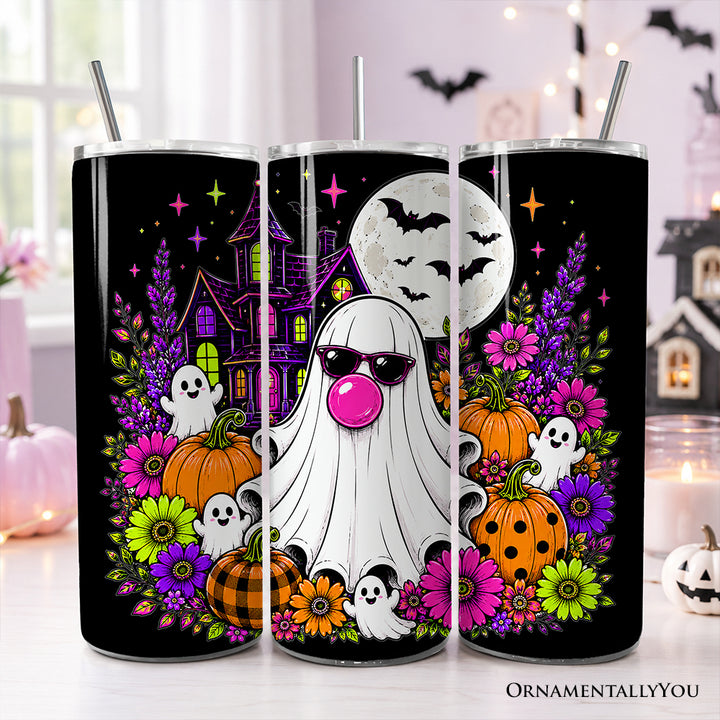 Bubblegum Ghost Haunted House 20oz Personalized Tumbler With Lid and Stainless Steel Straw, Colorful Floral Halloween Pumpkin Gift Cup