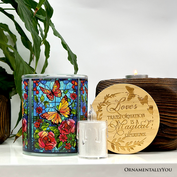 Butterfly Faux Stained Glass LED Tea Light Candle, Sentimental Tabletop Spring Decor With Soft Glow