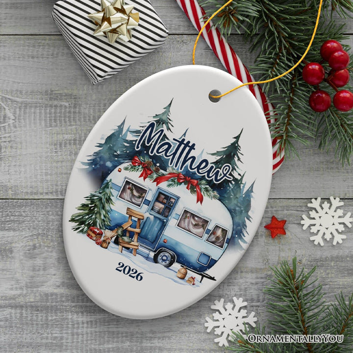 Camping Personalized Ornament, Enchanted Frost Winter Christmas Gift With Custom Name and Date Ceramic Ornament OrnamentallyYou Oval 