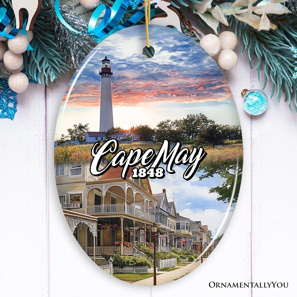 Cape May Coastal Charm Ornament, American Seaside Retreat Christmas Gift and New Jersey Souvenir Ceramic Ornament OrnamentallyYou Oval 