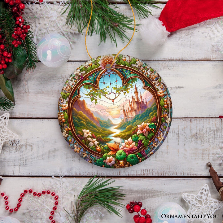 Castle Art with Lush Forest Stained Glass Style Ceramic Ornament, Christmas Gift and Decor Ceramic Ornament OrnamentallyYou 