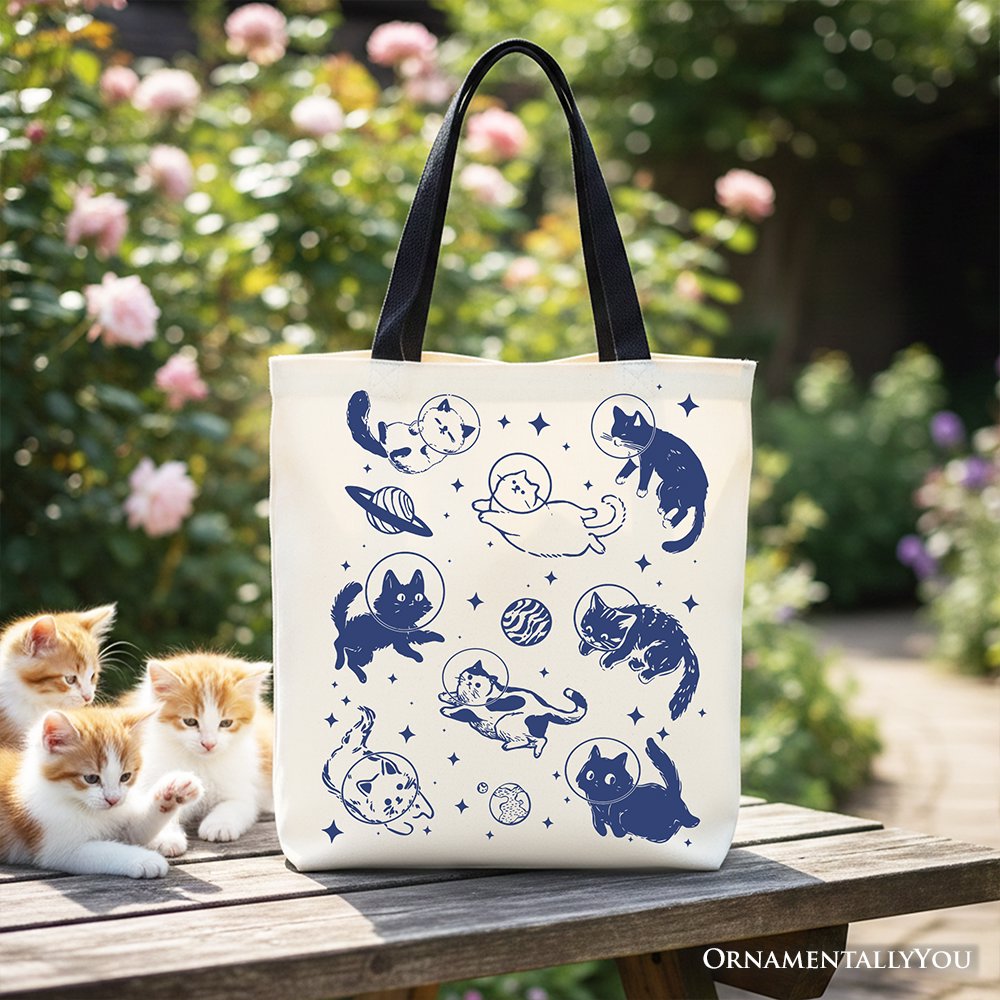 Cats in Space Retro Canvas Tote Bag, Funny Astronaut Kitty Gift Bag with Cosmic Vibes Tote Bag OrnamentallyYou Black Handle 