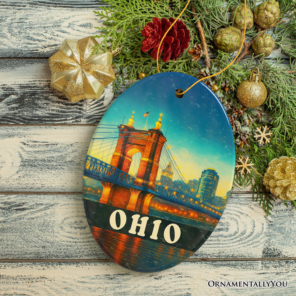 Charming Ohio Cityscape and Landmark Ornament, Cincinnati Night Bridge Christmas Gift and Midwest Skyline Souvenir