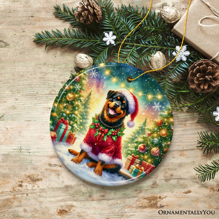 Charming Rottweiler in Festive Attire Ornament, Heartwarming Dog-Themed Christmas Gift Decor Ceramic Ornament OrnamentallyYou 