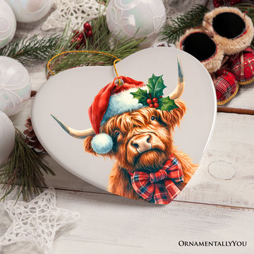 Charming Scottish Highland Cow Ceramic Ornament, Tartan Holiday Gift and Rustic Christmas Tree Decor