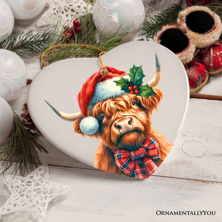 Charming Scottish Highland Cow Ceramic Ornament, Tartan Holiday Gift and Rustic Christmas Tree Decor