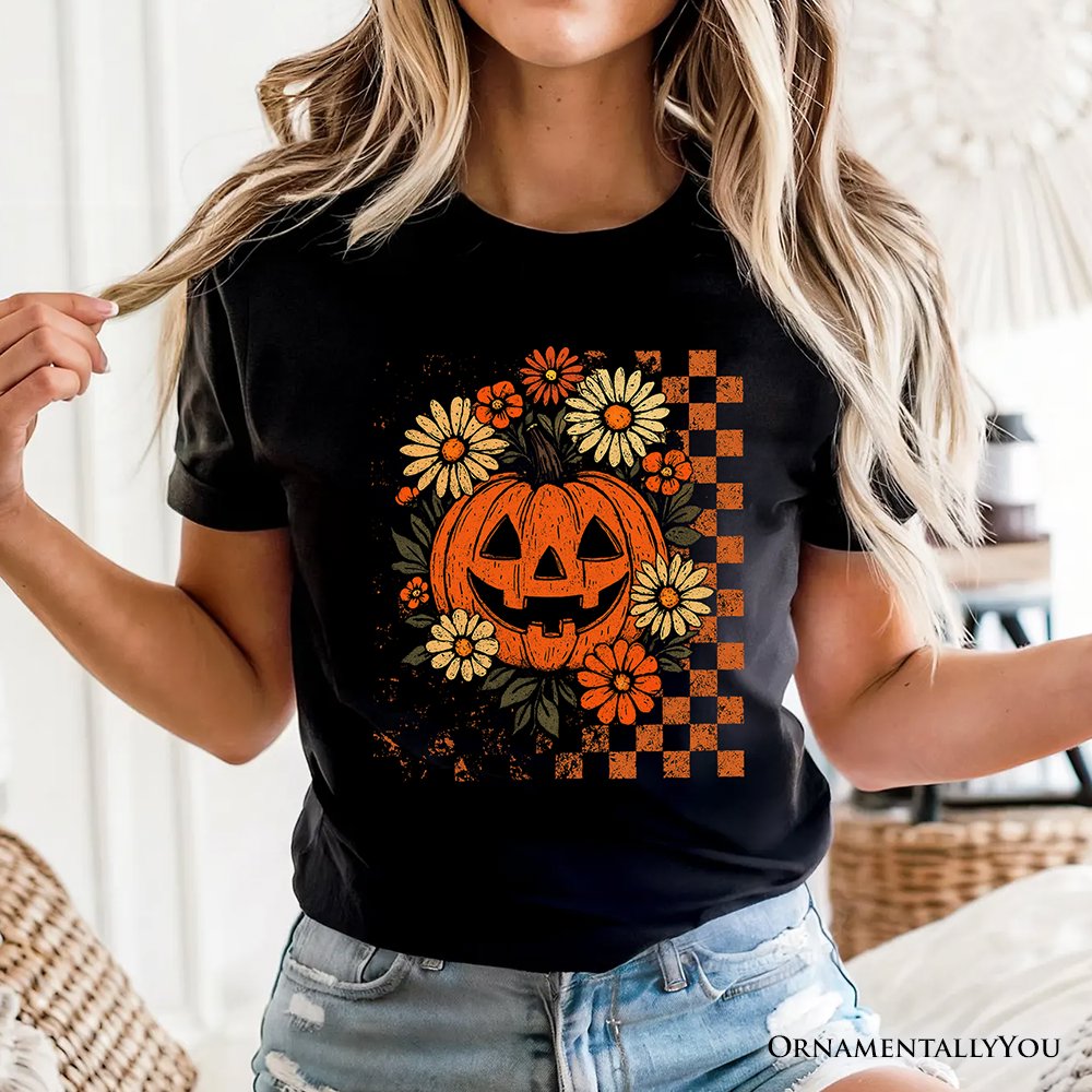 Checkered Floral Pumpkin T-Shirt, Retro Preppy Halloween Tee for Spooky Season Vibes T-Shirts OrnamentallyYou 