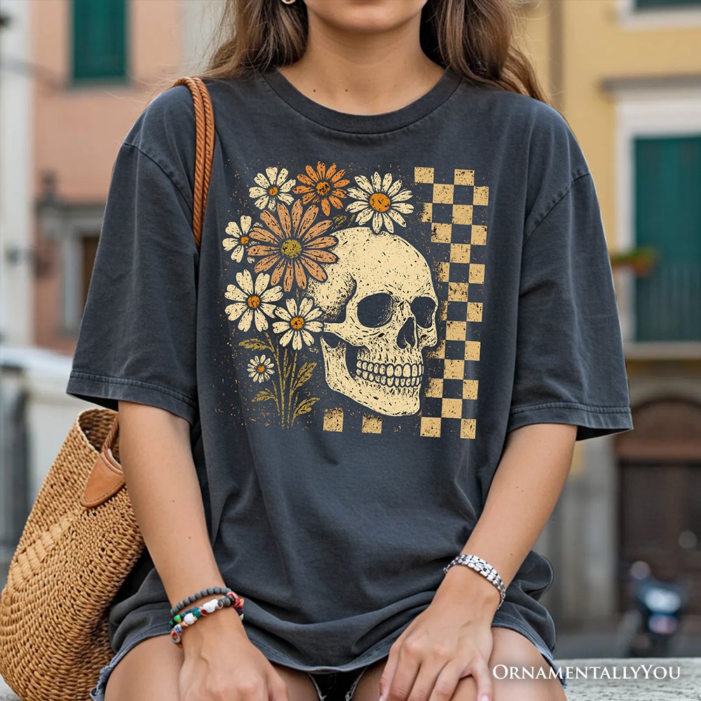 Checkered Floral Skeleton T-Shirt, Vintage Skull Daisy Halloween Tee T-Shirts OrnamentallyYou 