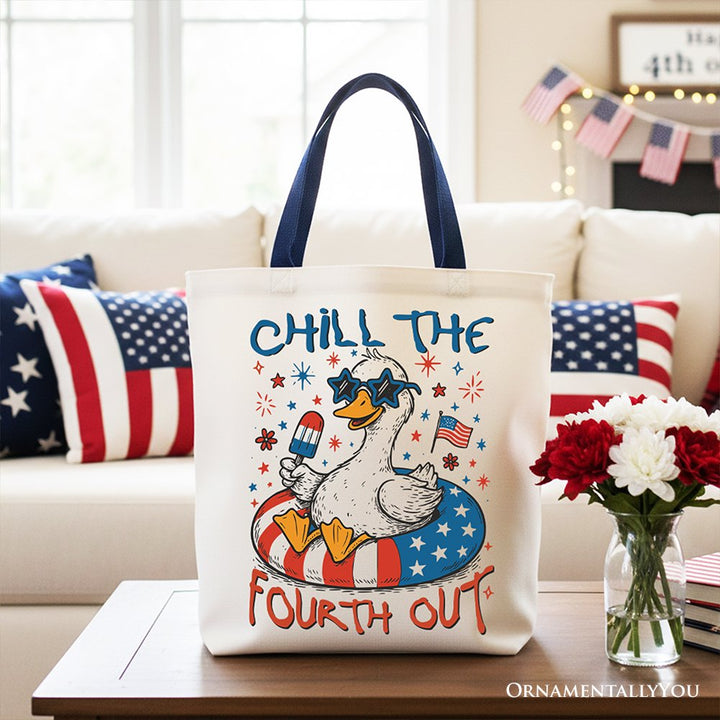 Chill The Fourth Out Goose Canvas Tote Bag, Funny Patriotic 4th of July Gift Shopper Tote Bag OrnamentallyYou Navy Handle 