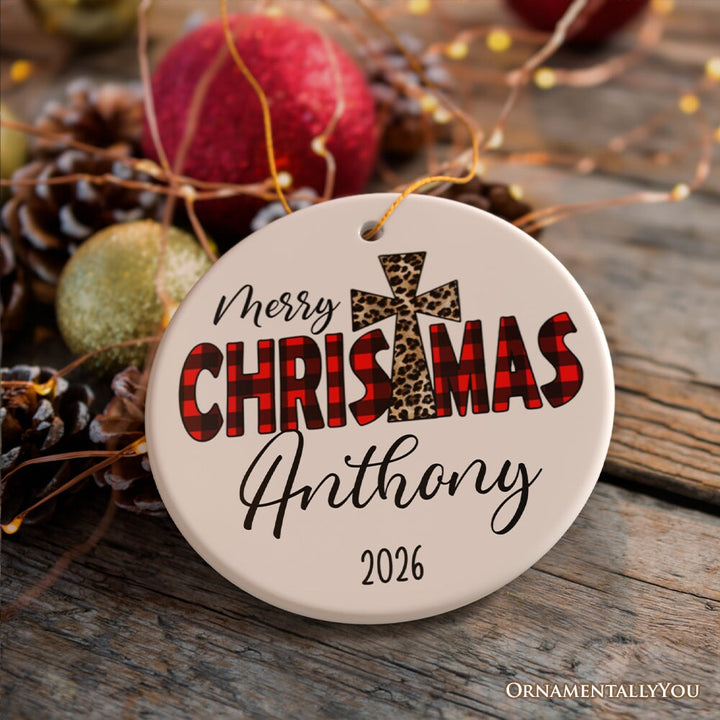 Christian Christmas Buffalo Plaid Personalized Ornament, Holiday Family Gift Ceramic Ornament OrnamentallyYou Circle 