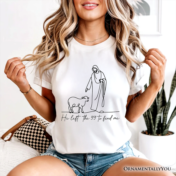 Christian Minimalist Line Art T-Shirt, He Left the 99 to Find Me Bible Verse Faith Tee