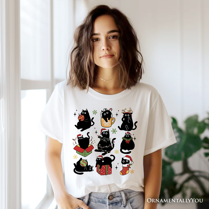 Christmas Black Cats T‑Shirt, Whimsical Cats with Santa Hat Tee