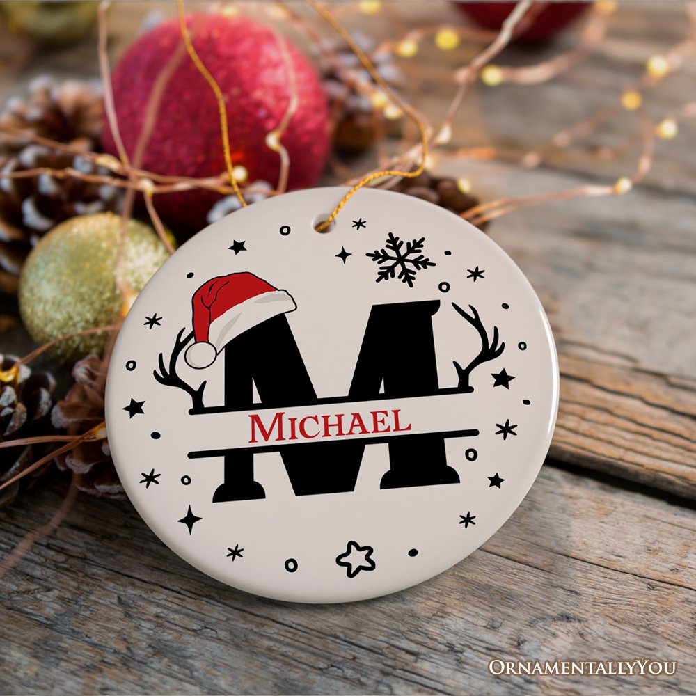 Christmas Split Monogram Alphabet with Antler and Santa Hat Personalized Ornament, Custom Name Ceramic Ornament OrnamentallyYou 