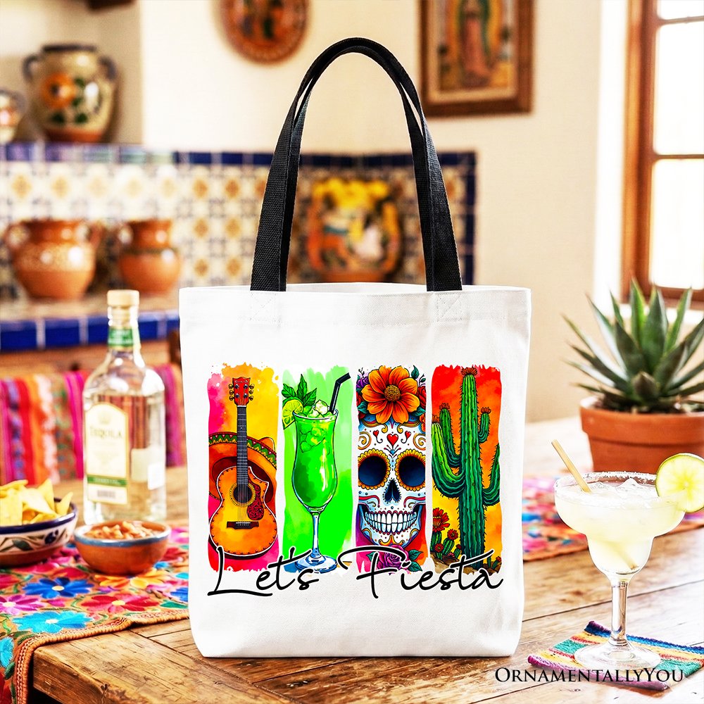 Cinco De Mayo Brushstroke Mexican Tote Bag, Let’s Fiesta Guitar Margarita Skull Cactus Gift Shopper Tote Bag OrnamentallyYou Black Handle 