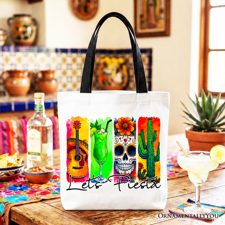 Cinco De Mayo Brushstroke Mexican Tote Bag, Let’s Fiesta Guitar Margarita Skull Cactus Gift Shopper