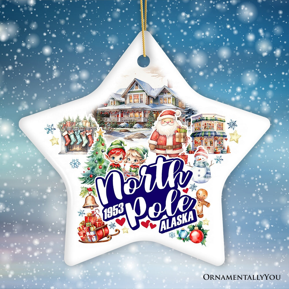 City of North Pole Alaska Artistic Christmas Ornament, Decorated Ceramic Souvenir with Santa and Elf Themes Ceramic Ornament OrnamentallyYou Star 