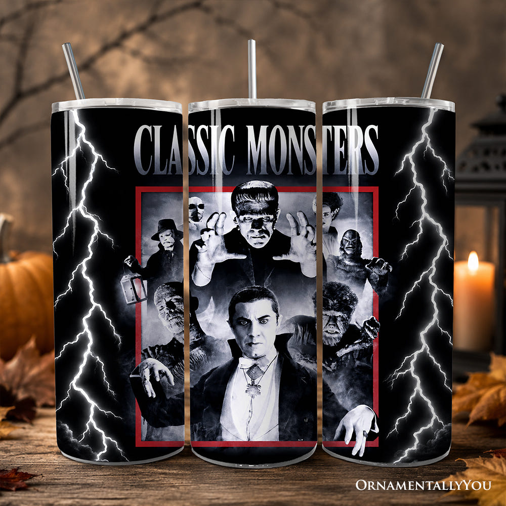 Classic Monsters Black and White 20oz Personalized Tumbler With Lid and Stainless Steel Straw, Retro Vintage Horror Gift Cup