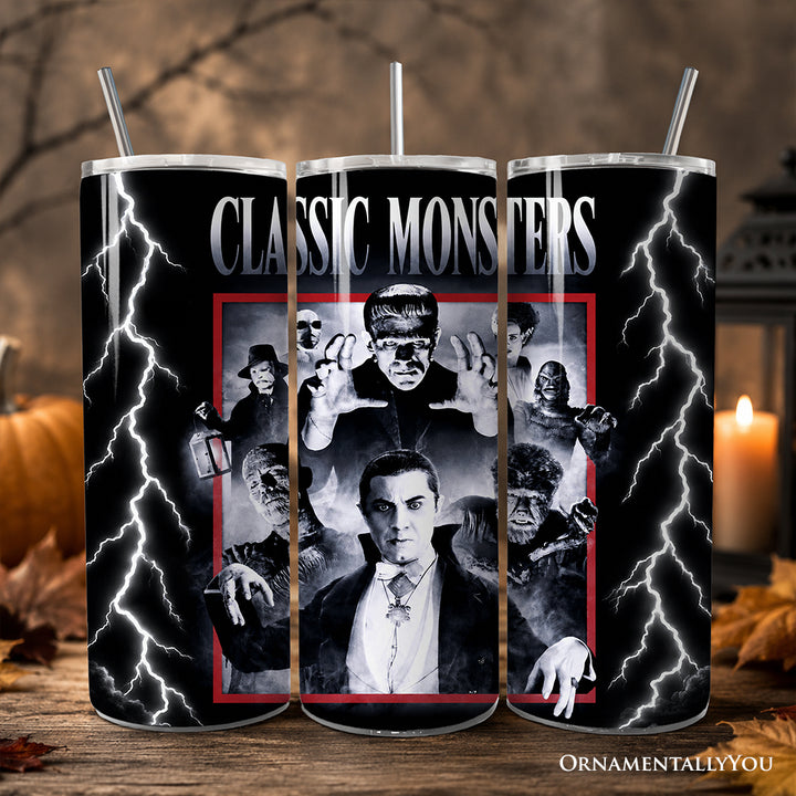 Classic Monsters Black and White 20oz Personalized Tumbler With Lid and Stainless Steel Straw, Retro Vintage Horror Gift Cup