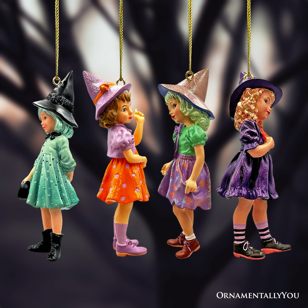 (Pre-Order) Classic Victorian Little Witch Girls Set of 4 Ornaments, Vintage Halloween Tree Resin Decoration Ornament Bundle OrnamentallyYou 