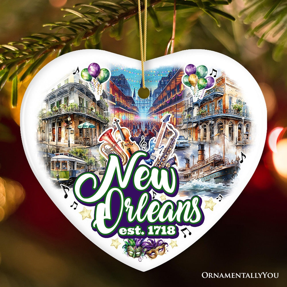 Classically Festive New Orleans Handcrafted Ornament, Mardi Gras Souvenir and Louisiana Christmas Gift Ceramic Ornament OrnamentallyYou Heart 