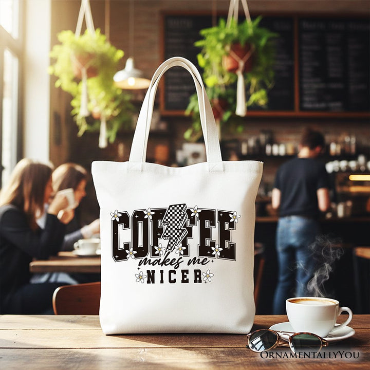 Coffee Makes Me Nicer Retro Tote Bag, Trendy Gift Shopper for Stylish Women and Caffeine Lovers Tote Bag OrnamentallyYou White 