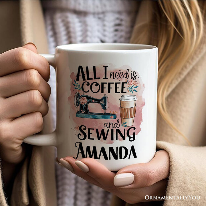 Coffee and Sewing Personalized Mug, Seamstress Gift With Custom Name Personalized Ceramic Mug OrnamentallyYou 
