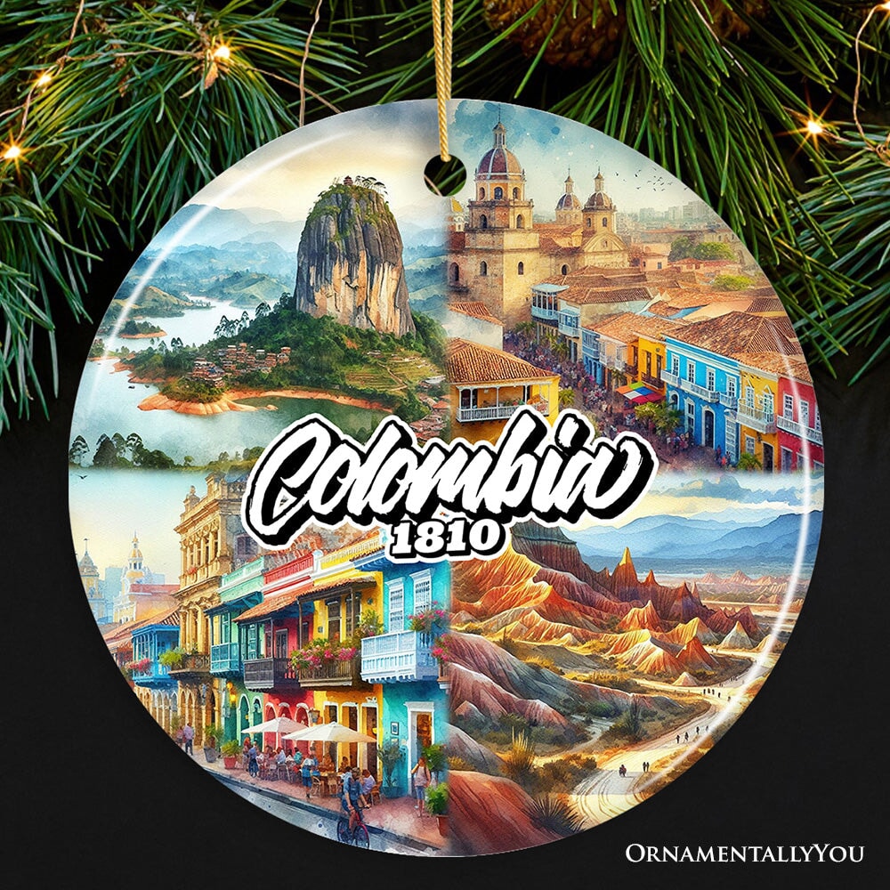 Colorful Colombia Culture and Landmarks Christmas Ornament, Latin American Heritage Gift and Bogota Souvenir Ceramic Ornament OrnamentallyYou 