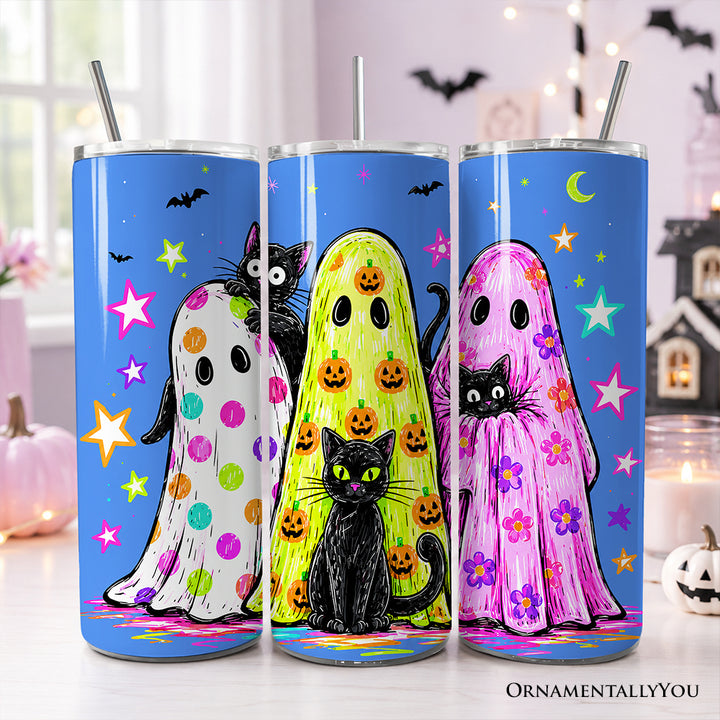 Colorful Ghosts and Black Cats 20oz Personalized Tumbler With Lid and Stainless Steel Straw, Neon Halloween Spooky Season Gift Cup