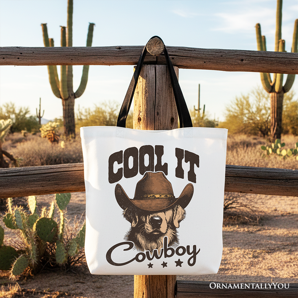 Cool It Cowboy Canvas Tote Bag With Western Dog, Retro Golden Retriever Gift Shopper for Country Lover