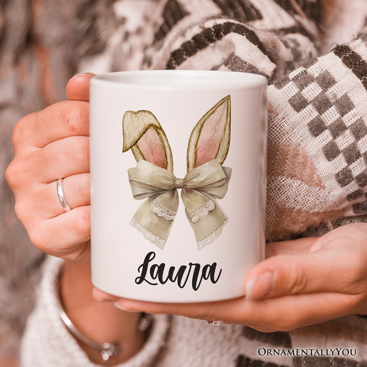 Coquette Bow Bunny Ears Personalized Mug, Aesthetic Spring Vibes Gift With Custom Name