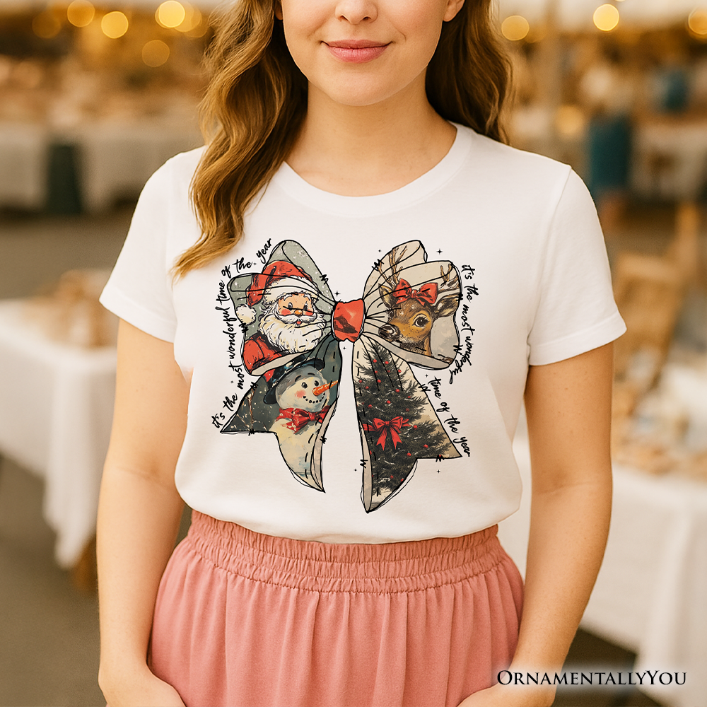 Coquette Christmas Bow T‑Shirt, It's Most Wonderful Time Of The Year Vintage Tee With Santa, Deer and Snowman