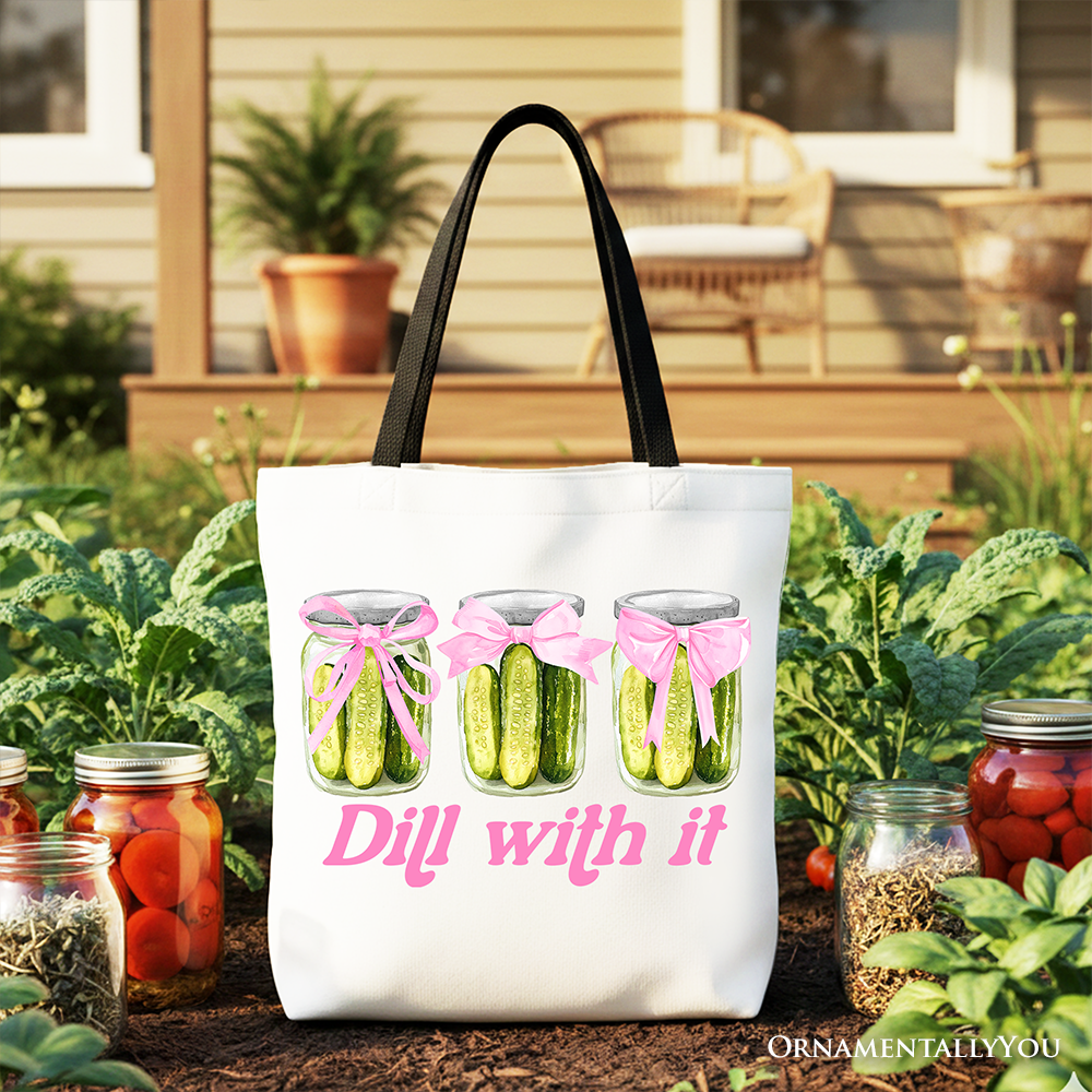 Coquette Dill With It Funny Canvas Tote Bag, Pink Bow Pickle Lover Gift Shopper for Cute and Quirky Style Fans