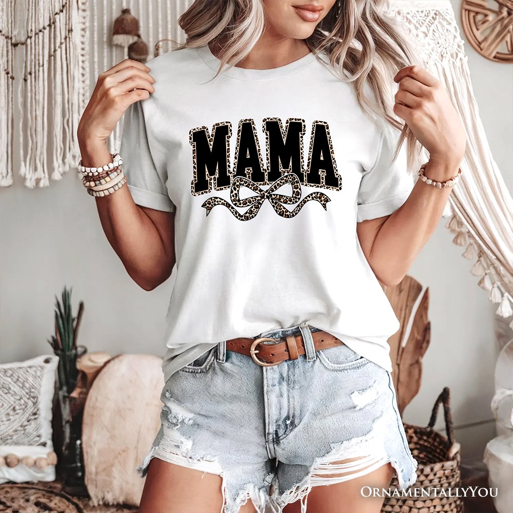 Coquette Leopard Mama T-Shirt, Retro Bow Varsity Tee for Trendy Moms T-Shirts OrnamentallyYou 