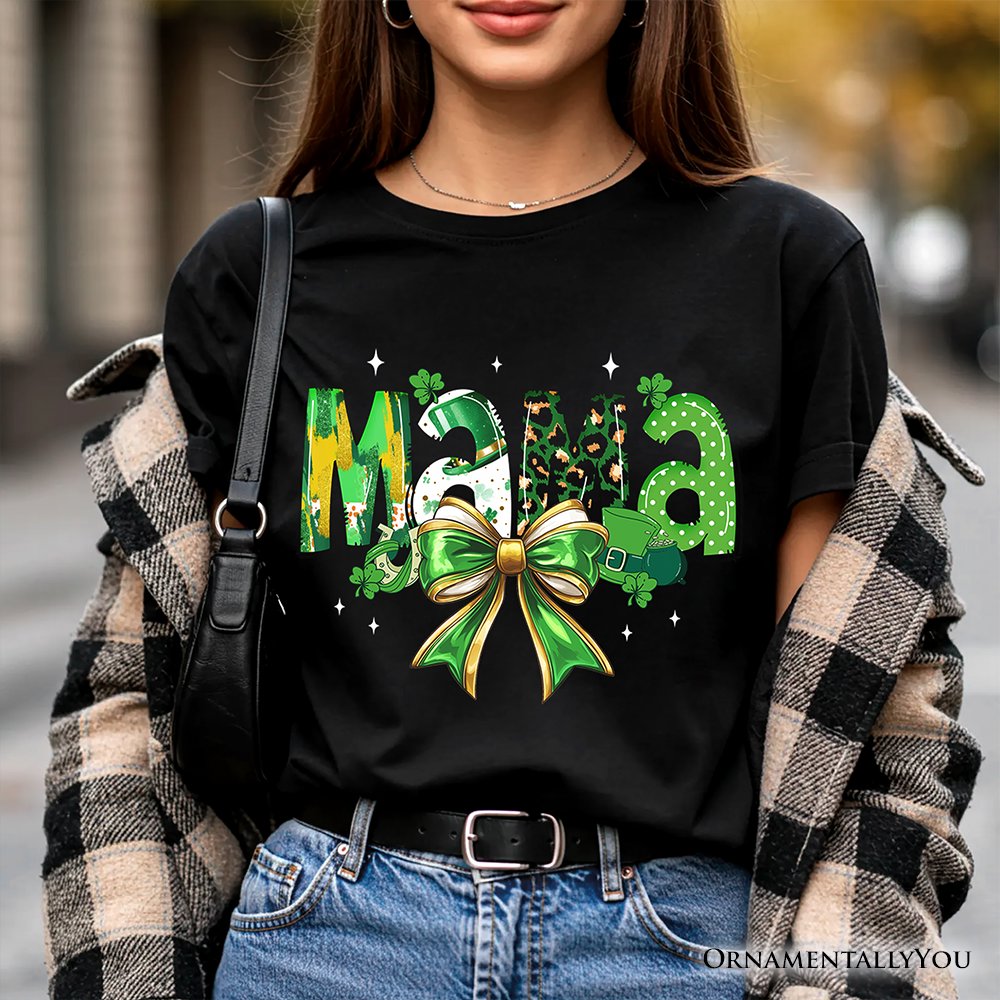 Coquette Mama Bow St Patrick’s Day T-Shirt, Green Lucky Shamrock Clover Tee T-Shirts OrnamentallyYou 
