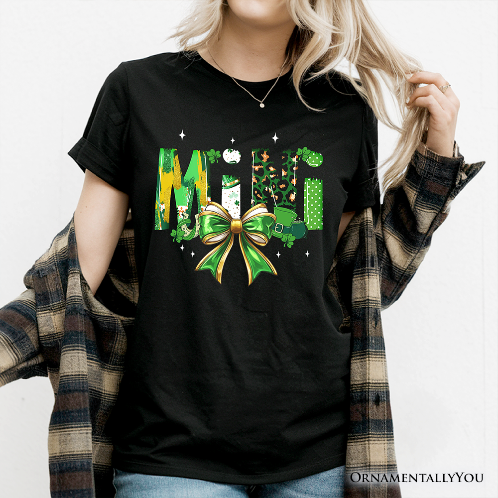 Coquette Mini Clover Bow St Patrick’s Day T-Shirt, Green Lucky Shamrock Clover Tee