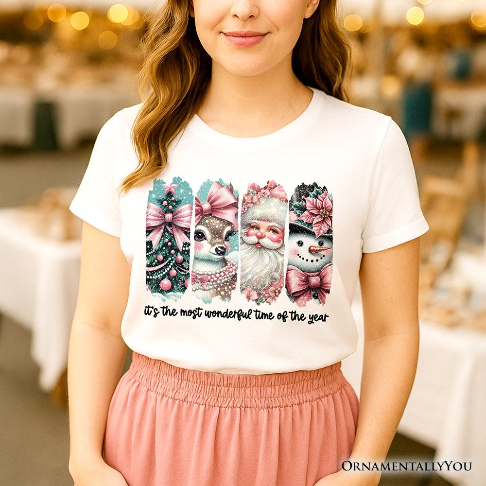 Coquette Pink Christmas T‑Shirt, It's The Most Wonderful Time Of The Year Vintage Tree, Reindeer, Santa and Snowman Tee T-Shirts OrnamentallyYou 