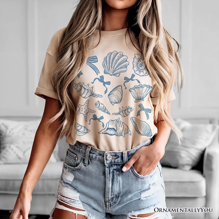 Coquette Seashell Summer Vibe T-Shirt, Natural and White Retro Beach Tee Gift for Ocean Lover