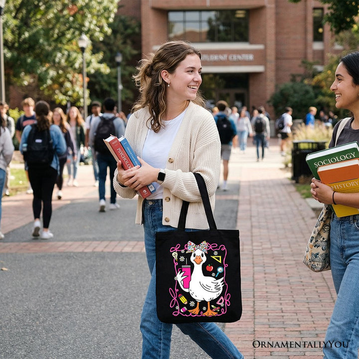 Coquette Teacher Goose Tote Bag, Funny Classroom Gift Shopper for Educators Tote Bag OrnamentallyYou 