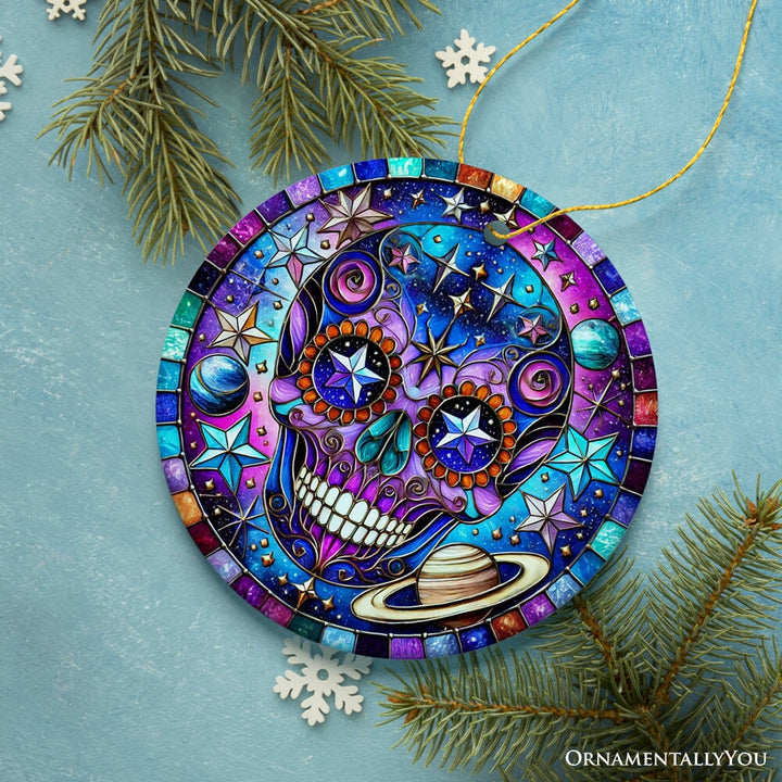 Cosmic Celestial Sugar Skull Ornament, Stellar Christmas Gift and Decor Ceramic Ornament OrnamentallyYou 