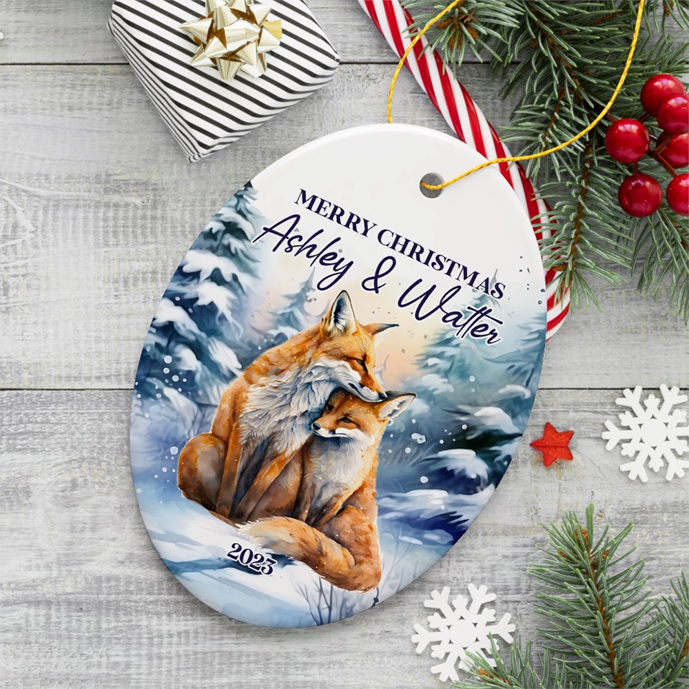 Couple Fox Personalized Ornament, Enchanted Winter Frost Christmas Gift With Custom Names and Date Ceramic Ornament OrnamentallyYou Oval 