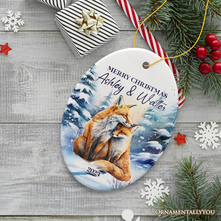 Couple Fox Personalized Ornament, Enchanted Winter Frost Christmas Gift With Custom Names and Date