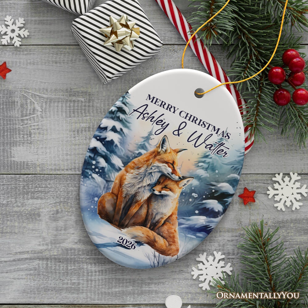 Couple Fox Personalized Ornament, Enchanted Winter Frost Christmas Gift With Custom Names and Date Ceramic Ornament OrnamentallyYou Oval 