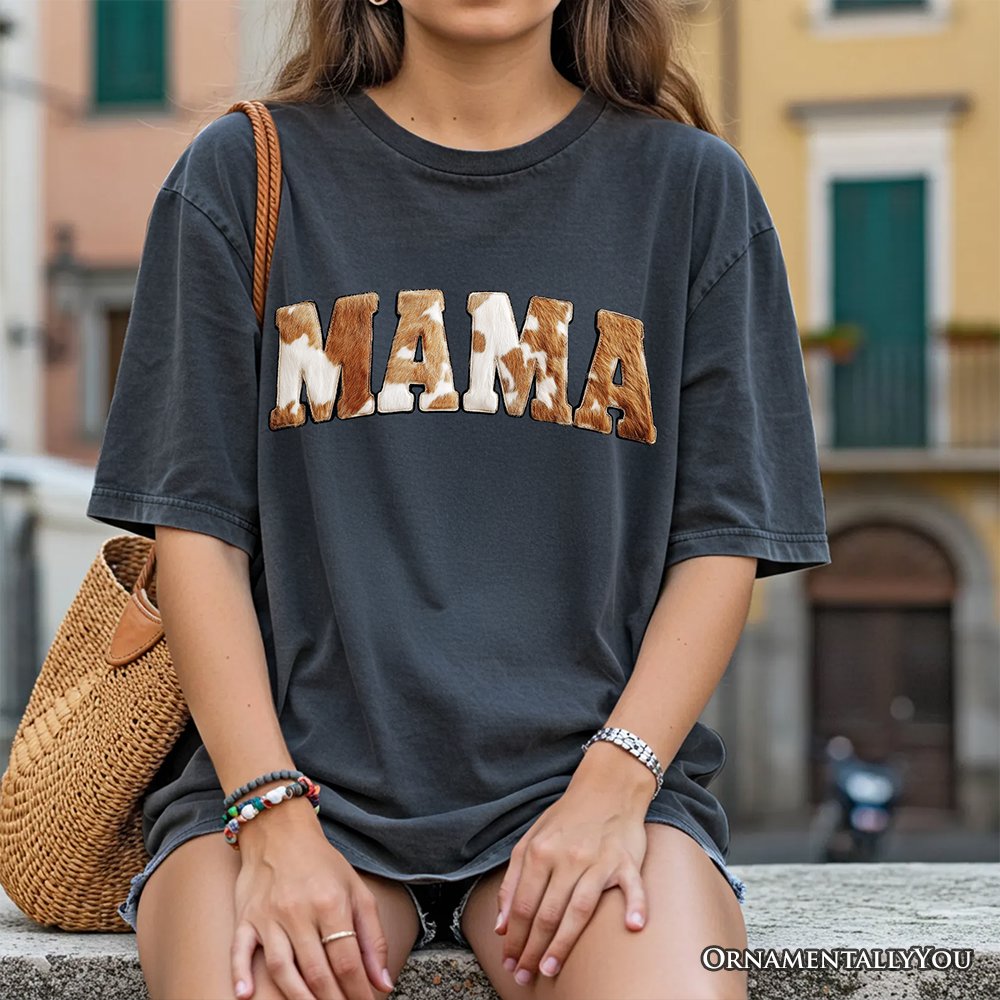 Cow Print Mama Western T-Shirt, Faux Cowhide Mom Tee T-Shirts OrnamentallyYou 
