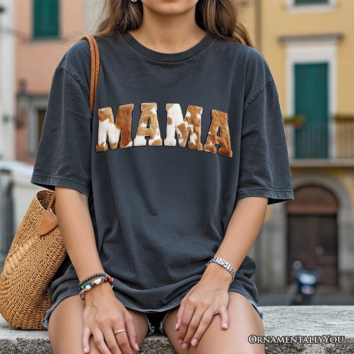 Cow Print Mama Western T-Shirt, Faux Cowhide Mom Tee T-Shirts OrnamentallyYou 
