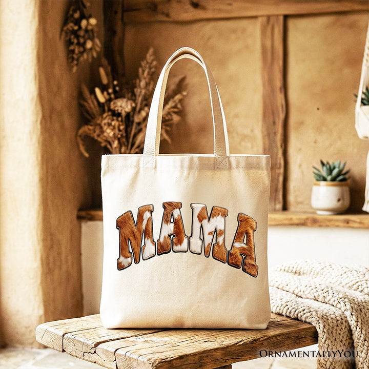 Cow Print Mama Western Tote Bag, Faux Cowhide Mom Gift Shopper Tote Bag OrnamentallyYou Beige 