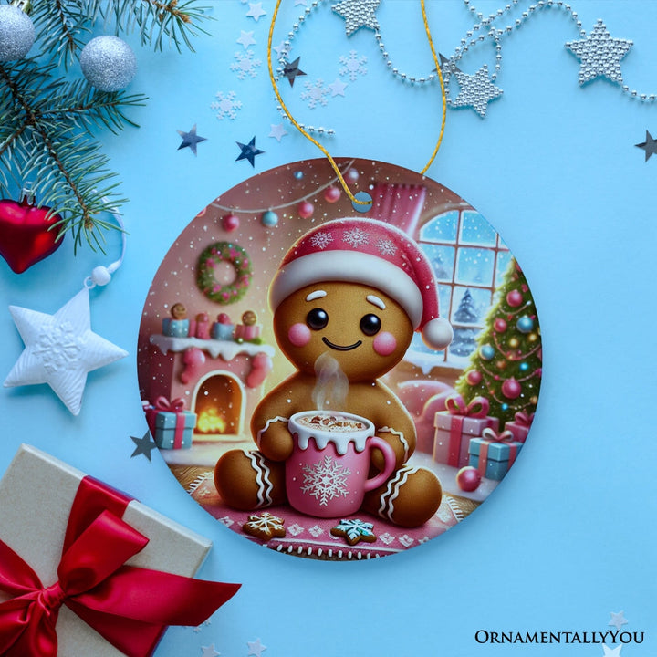 Cozy Gingerbread Man Pink Themed Ornament, Delightful Christmas Gift and Decor Ceramic Ornament OrnamentallyYou 