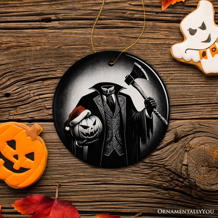 Creepy Headless Horseman And Pumpkin With Santa Hat Ornament, Horror Themed Christmas Decor for Halloween Tree Ceramic Ornament OrnamentallyYou 