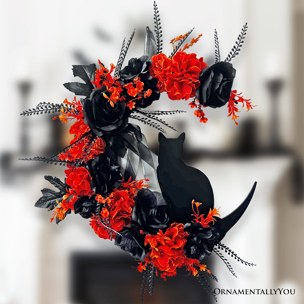 (Pre-Order) Crescent Moon Floral Black Cat Wreath, 20" Black and Orange Halloween Door Decoration Wreath OrnamentallyYou 